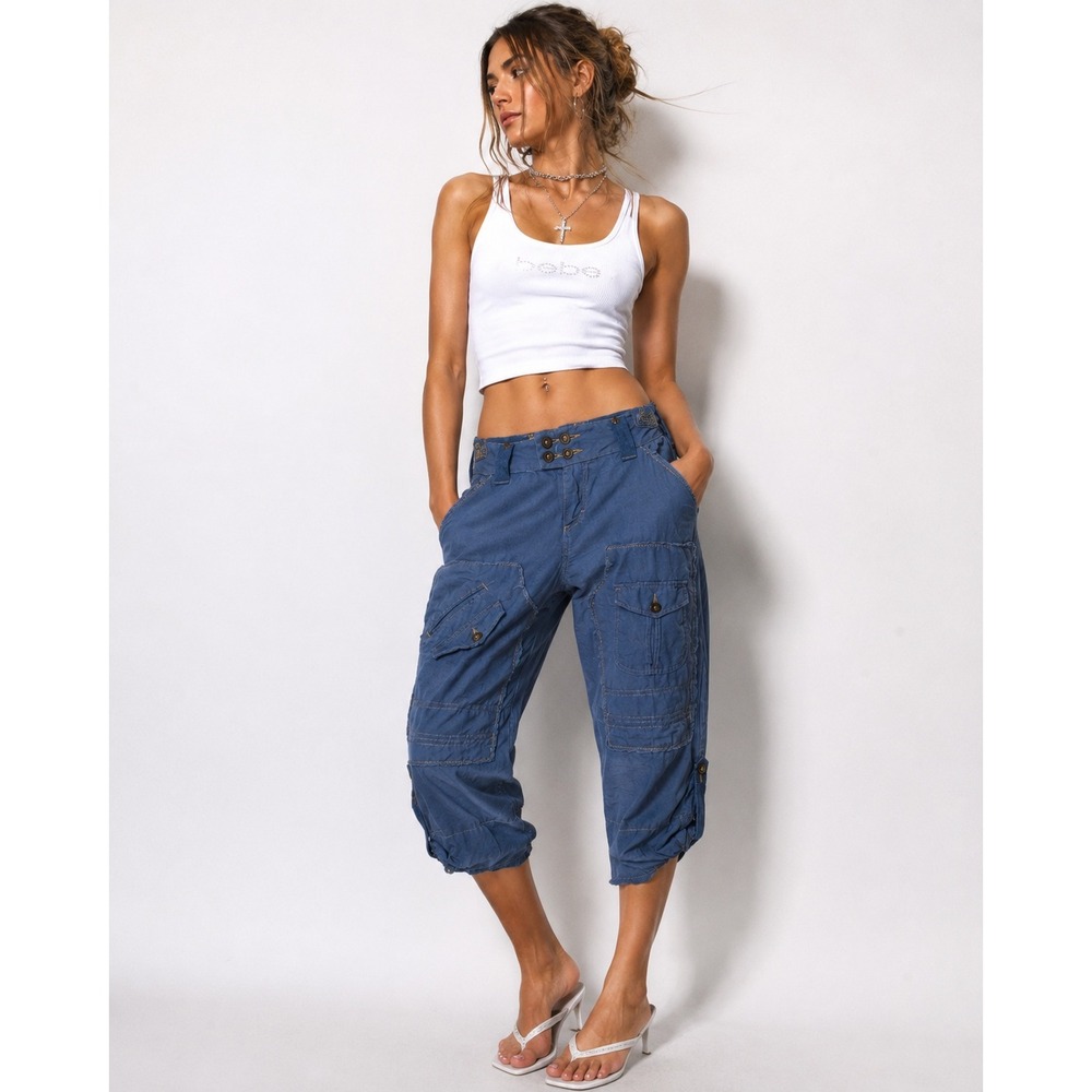 Y2K Linen Cargo Capri Blue Utility Boho Cropped Pants Sz L Button‎ Fly Wide Leg